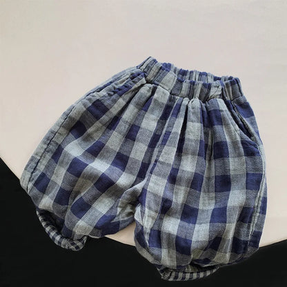 Children's Retro Blue Plaid Trousers 2024 Spring Autumn New Korean Boys And Girls Double-Layer Cotton Casual Harem Pants WTP121