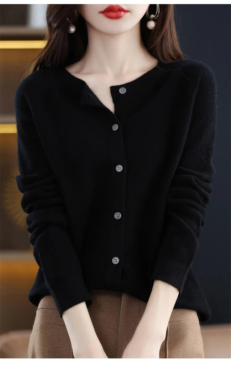 2024Spring and Autumn  New 100% pure merino cashmere sweater women's O-neck cardigan loose long-sleeved sweater top