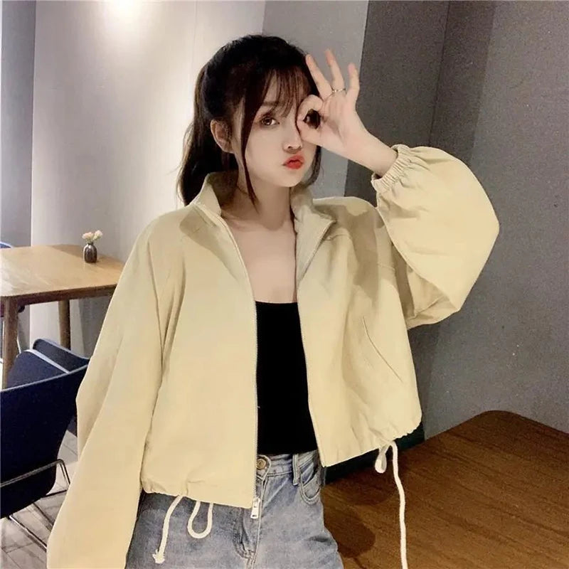 Vintage Baseball Jacket Women Korean Zipper Soild Drawstring Sexy Cropped Tops Harajuku Y2K Pocket Loose Casual Female Outwear