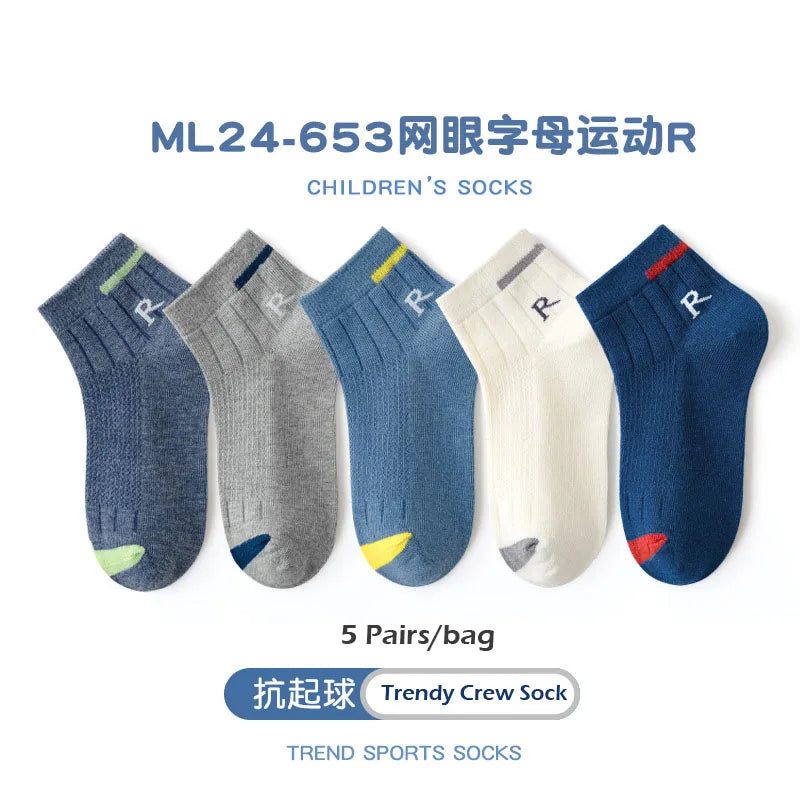 Littlle Big Boys Socks Summer Letter Pattern Cotton Socks Thin Mesh Sock Above 12T Children Crew Socks 5 Pairs Solid Color