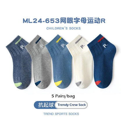 Littlle Big Boys Socks Summer Letter Pattern Cotton Socks Thin Mesh Sock Above 12T Children Crew Socks 5 Pairs Solid Color