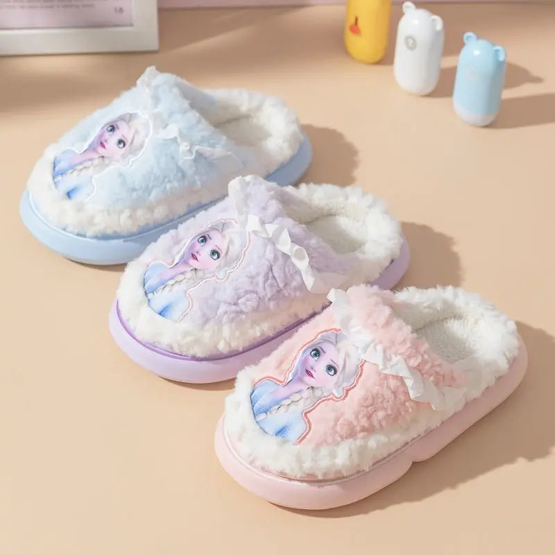 Disney Princess Elsa Winter Children's Cotton Slippers Girls' Frozen Non slip Warm Cartoon Baby Slippers Pink Blue Shoes Size 24