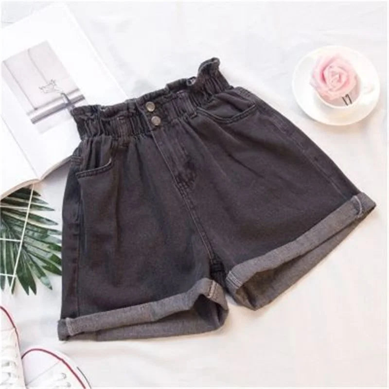 Summer Black Women's Denim Shorts Large Size Harem Ruffle White High Waisted Shorts Elastic Waist Jeans for Women