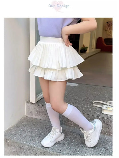 Girl's Half Body Fluffy Cake Skirt 2024 Summer New Girl Dance Pleated Black and White Dance Short Skirt Pants