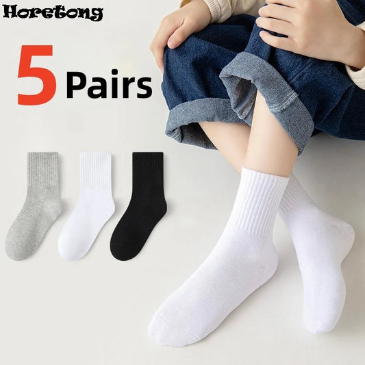 Horetong 5 Pairs Pure Cotton Soft Student Socks Breathable Absorbing Sweat Sport Socks Boys Girls Middle Tube Sock For 3-13 Year