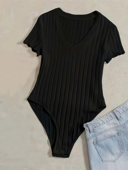 Elegant & Sexy Ribbed V-Neck Bodysuit with Lettuce Trim-Semi-Sheer Comfort Fit Easy Care - Perfect for Spring to Fall