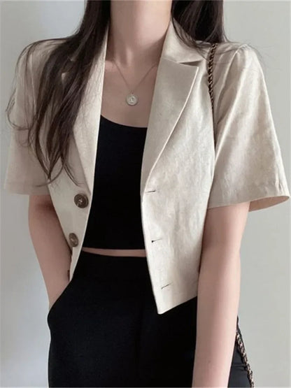 REALEFT Vintage Style Cotton and Linen Suit Women's Blazer 2024 Spring Summer Solid Color Short Sleeve Casual Short Outwear Coat