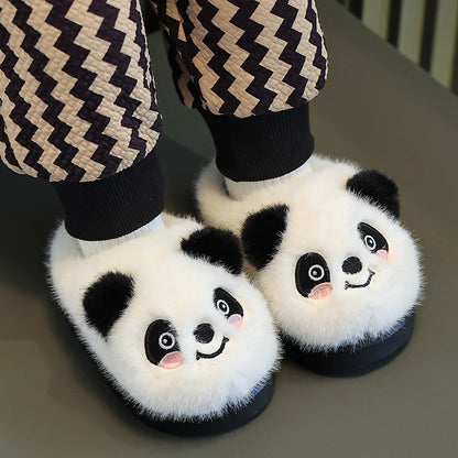 New Winter Warm Cute Cartoon Panda Indoor Mule Soft Non-slip Kids Fluffy Slippers For Boys And Girls Children Home Cotton Shoes