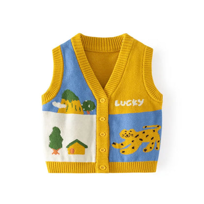 New Ins Spring Autumn Little Boy Cardigan Jacquard Cartoon Patchwork Baby Boys Waistwear Knitted Woven Cotton Toddler Boy Vest