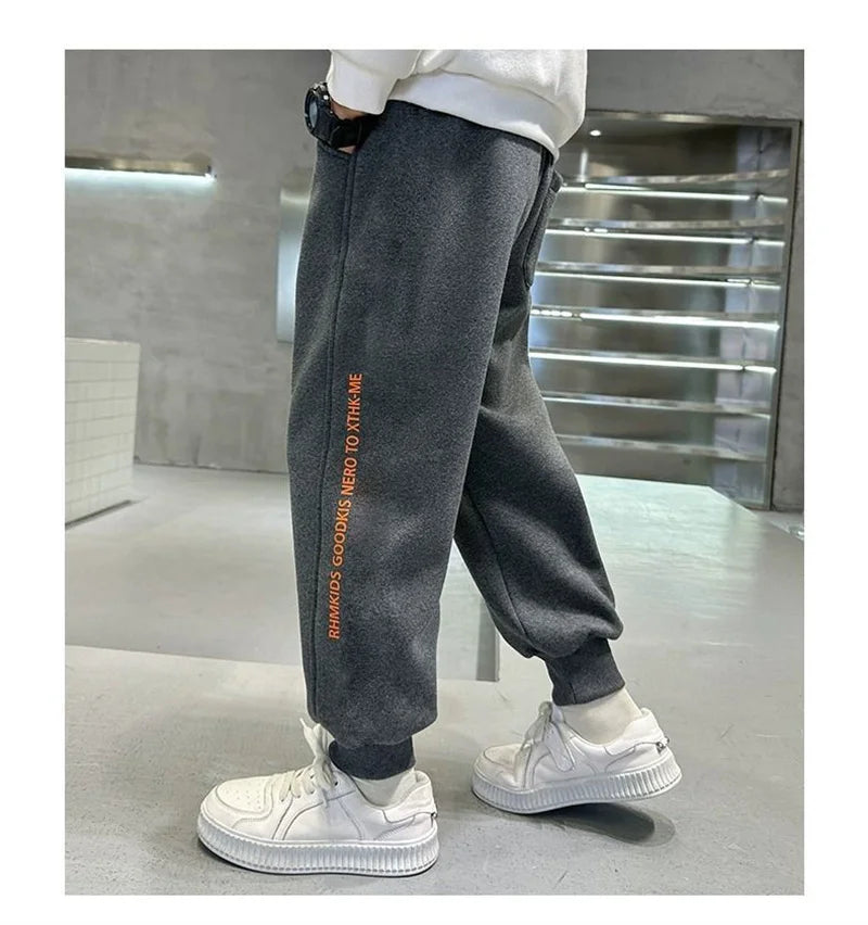 Boys Thick Lambswool Pants Winter Teenager Plush Velvet Trousers Children Cotton Sports Pants Big Kids Warm Snow Clothing 5-14Y