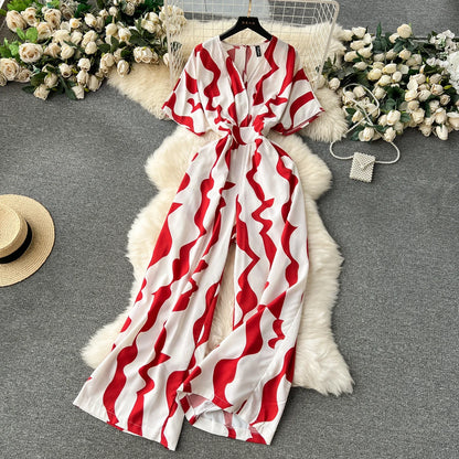 Summer Casual Women Printed Wide Leg Jumpsuit Female V-Neck Short Puff Sleeve High Waist Draped Loose Romper New Fashion