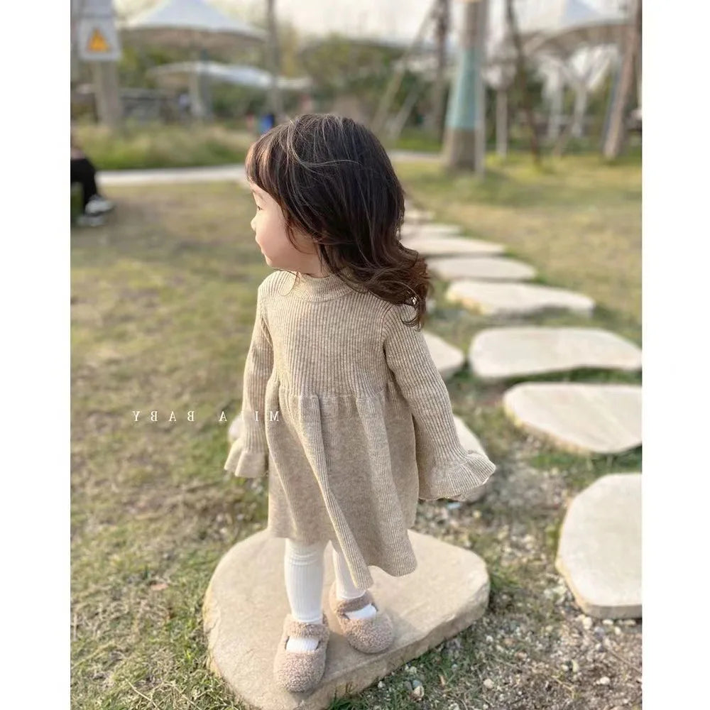 Girls Casual Dresses Children Clothing Woolen Yarn Skirt Girls Winter New Knitting Long Sleeved Korean Baby Underlay