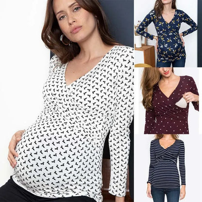 New Outdoor Portable Nursing Clothing V-Neck Maternity Care Tops Maternity Long Sleeve T-shirts Nursing Wear