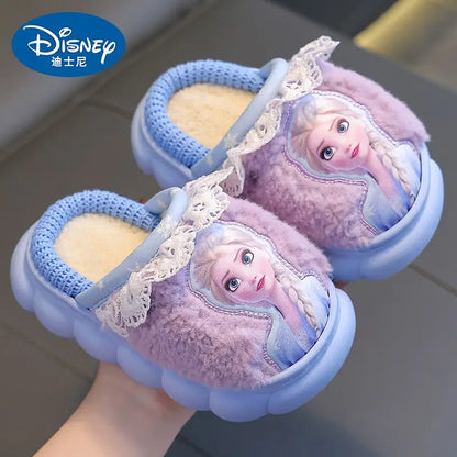 Disney Princess Elsa Frozen Slippers for Girls in Autumn Winter Indoor Warmth Non slip Children's Plush Cotton Blue Purple Shoes