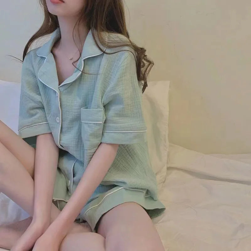 Summer Women's Pajamas Basic Solid Color Short Sleeve Shorts Pajama Set Can Wear Home Clothes Set Korean Style 2024 Spring