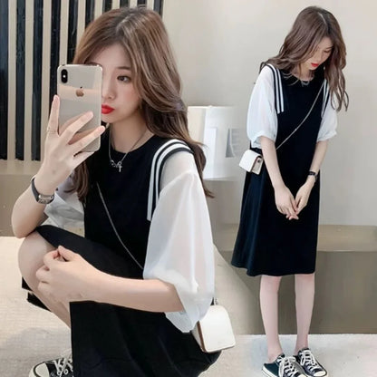 New Pregnant Women Clothes Set for Summer Short Sleeve Cotto Top Strap Chiffon Dress Twinset Loose Maternity Dress Suits