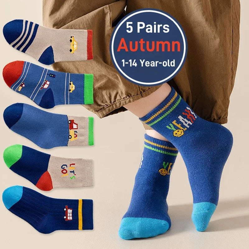 5 Pairs Children's Socks Spring Autumn Cotton Socks Kids Boys Sport Sock 1-14T Baby Cartoon Letter Pattern