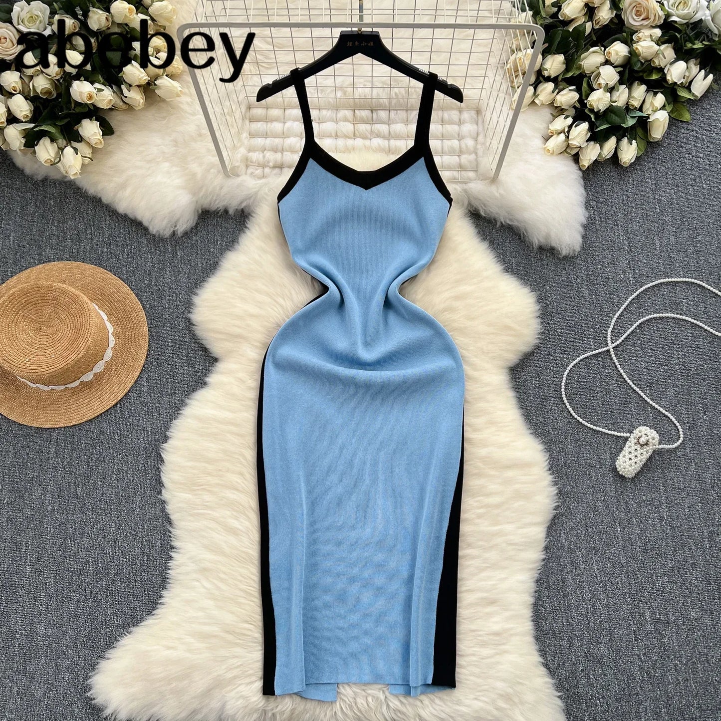 2024 Sexy Contrast Color Knitted Women Dress Summer Strap Elastic Sleeveless Bodycon Dress Europe Style Ladies Maxi Long Dress