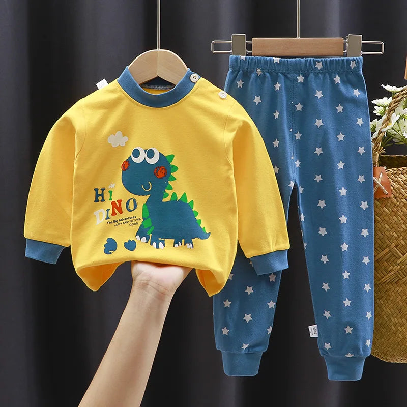 2024 Ins Autumn Children Boys 2PCS Pajamas Set Pure Cotton Warm Full Printed Stretch Kids Girls Sleepwears Toddler Girl Homewear