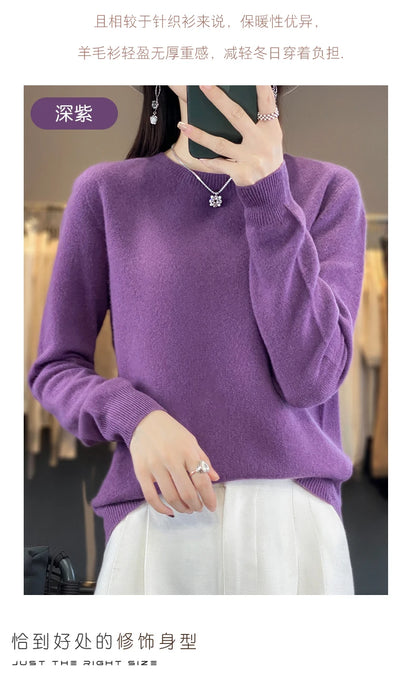 Women 100% Pure Merino Wool Knitted Sweater Autumn Winter Fashion O-Neck Pullover Seamless Jumper Tops Cashmere Warm Clothes