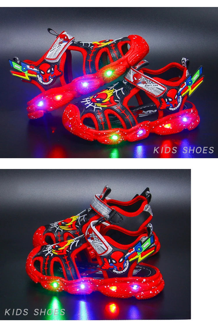 Disney LED Sport Sandals Summer Cartoon Spiderman Sandals for Boys Casual Beach Shoe Soft Sole Kids Shoes