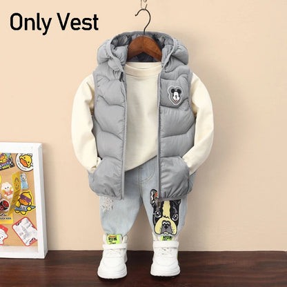 New Autumn Cartoon Mickey Mouse Boys Down Vest Winter Baby Bright Hooded Waistcoat Cotton Outerwear Kids Jacket Children Clothes