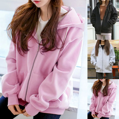 Autumn and Winter Women Hooded Fleece Long Sleeve Loose Casual Zip Pockets Solid Jacket Coat