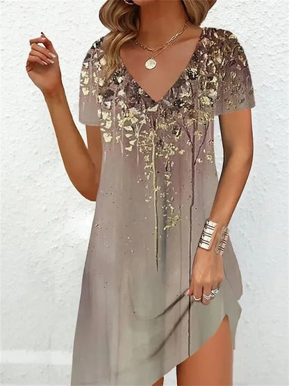 2023 Fashion Plus-Size Dress Casual Loose V-Neck Ladies Summer Print Party Women's New Summer Pullover Short Sleeve Dress