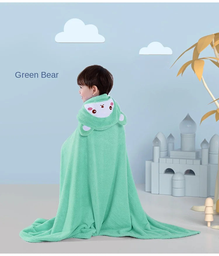 Infant Blanket, Male and Female Baby Cartoon Coral Velvet Bathrobe, Thickened Lint-free Children's Bath Towel, Hooded Cloak