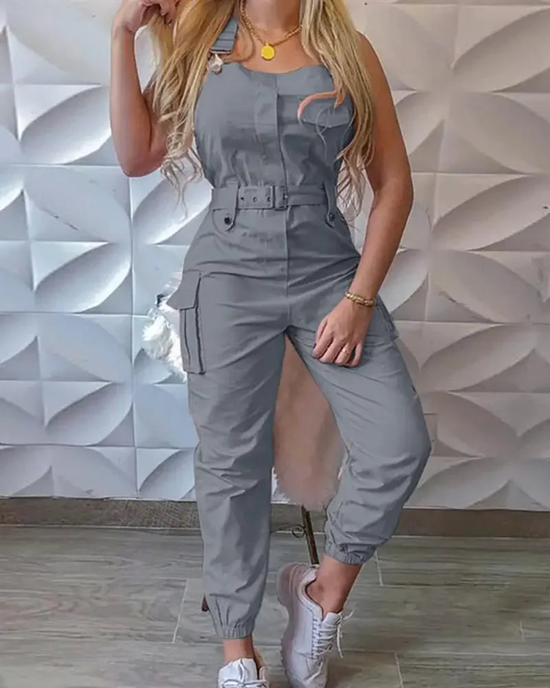 Fashion Strap Jumpsuit Women Loose Dungarees Long Rompers Summer Solid Pockets Cargo Pants Female Casual Work Out Playsuits