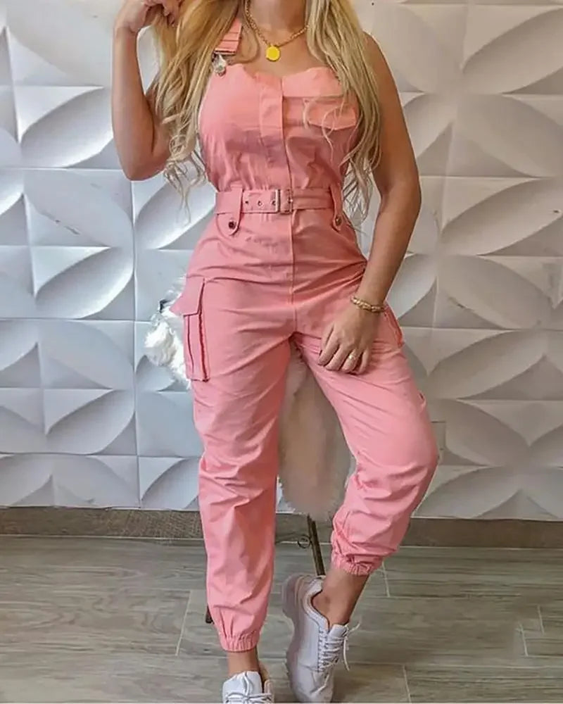 Fashion Strap Jumpsuit Women Loose Dungarees Long Rompers Summer Solid Pockets Cargo Pants Female Casual Work Out Playsuits