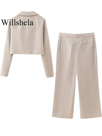 Willshela Women Fashion Two Piece Set Khaki Blazer With Pockets & Vintage Front Zipper Trousers Feamle Chic Lady Pants Sets