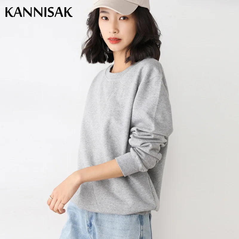 Women Sweatshirt 2024 Spring Autumn Multi-colors Fashion Korean O-neck Cotton Loose Womens Sweatshirts Vintage Solid Pullovers