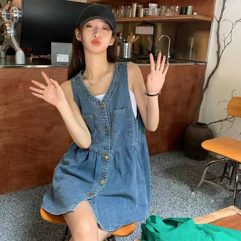 Biyaby Sleeveless Strap Dress Women 2023 Summer Single-Breasted Pockets Denim Dresses Woman Korean Style Loose A Line Mini Dress