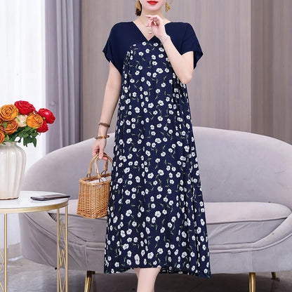 New Fashion 2024 Women Summer Dresses V-neck Casual Print Vintage Plus Size  Female Dresses