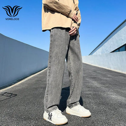 New Men's Denim Wide-leg Pants Korean Style Straight Loose Jeans Street Hip-hop Daily Casual Student Trousers Black Gray Blue