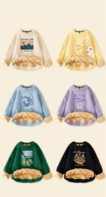 Autumn Winter Women Casual Loose Sweatshirts Lambswool Thicken Thermal Sweatshirts Women Printed Cute Fleece Warm Hoodies 2023