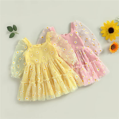 Fashion Spring Autumn Baby Girl Princess A-Line Dress Elegant Daisy Print Long Sleeves Mesh Tulle Party Dress for Toddler