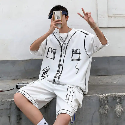 Summer Elegant Fashion Harajuku Slim Fit Ropa Hombre Loose Casual All Match Sports Suit Ice Shreds Short Sleeve Two Piece Set