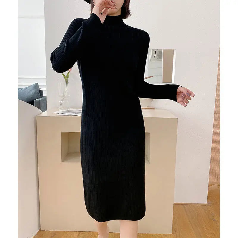 Autumn Winter New Fashion Long Sleeve Solid Half High Collar Sweaters Women's Clothing Loose All-match Knitting Trend Dresses