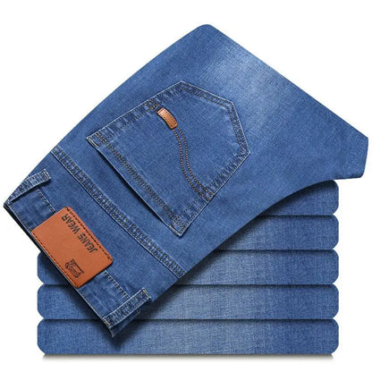 2023 Summer Classic Men Thin Denim Jeans Lightweight Cotton Elastic Medium high waist Fit Straight Youth Simple Casual Trousers