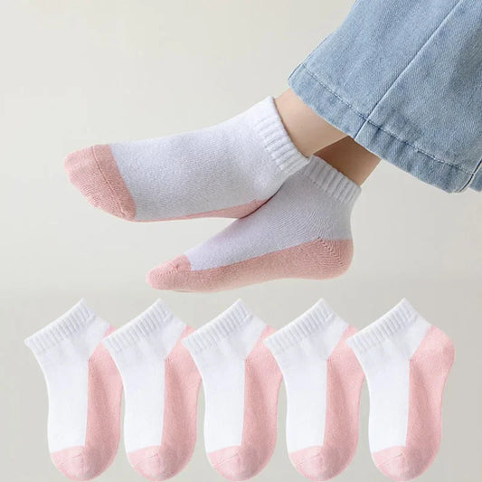 5 Pairs Spring Children Socks 100% Cotton Kids Fashion Black White Pink Student Baby Girl Boy Sports Short Socks For 1-12 Years