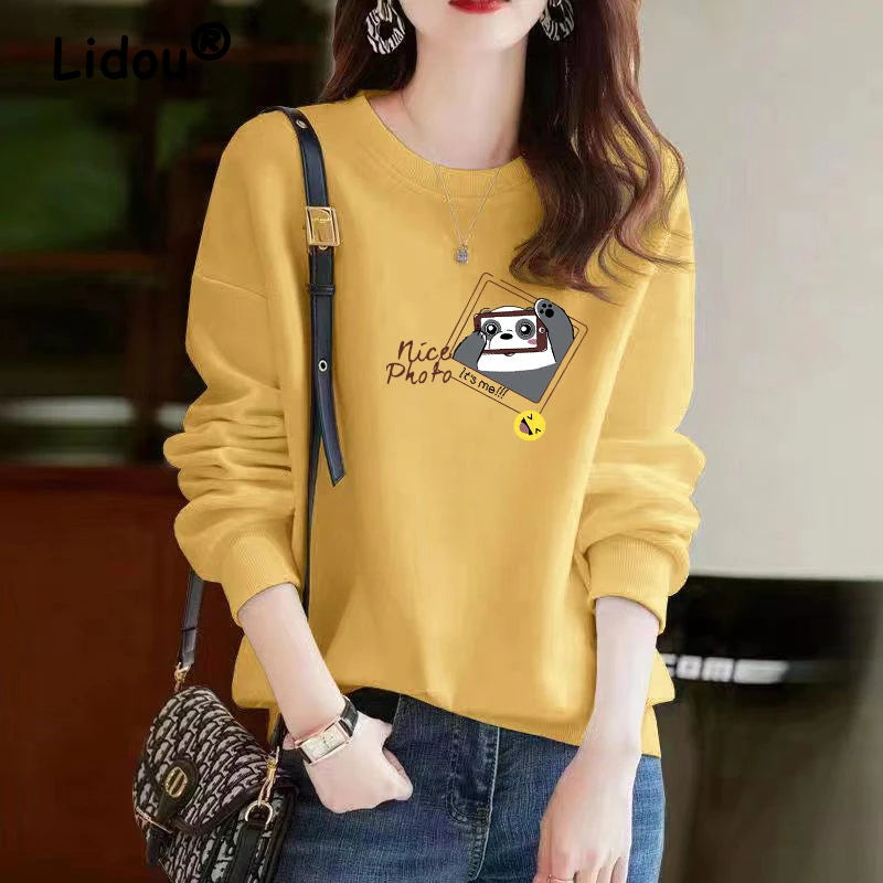 Spring Autumn Korean Style Kawaii Cartoon Panda Cat Print Long Sleeve Female Sweatshirt Casual Loose Pullover Top Women Clothing