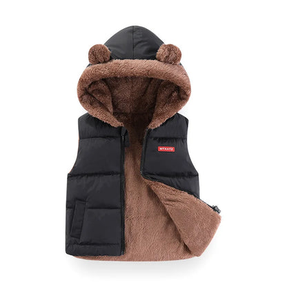 2024 Children Cashmere Vest Coat Autumn Winter Baby Boy Girl Cotton Padded Hooded Jacket Kids Thick Waistcoat Outerwear Clothing