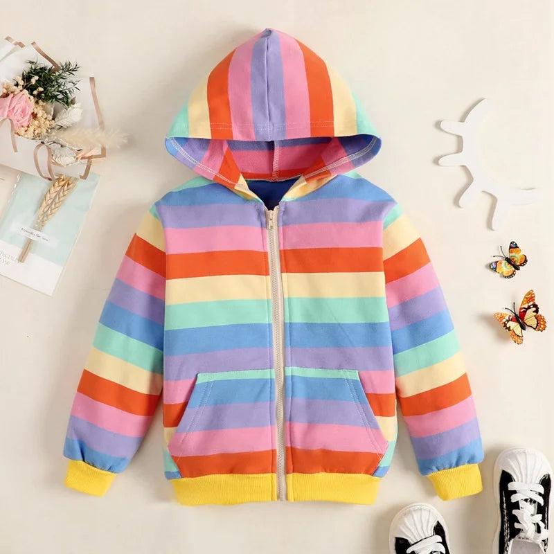 Autumn Baby Girl Outerwear Girls Rainbow Striped Casual Hoodie Zipper Sweatshirt Children Coat Cardigan