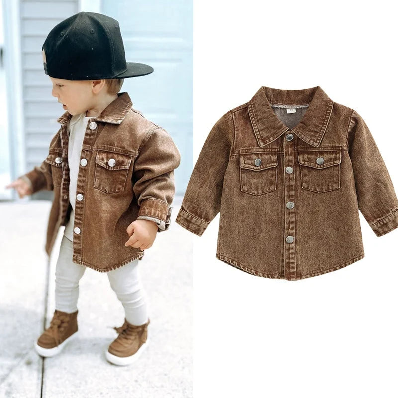 Spring Autumn Children's Boys And Girls Outerwear Casual Solid Color Long Sleeved Lapel Denim Shirt Jacket Clothing