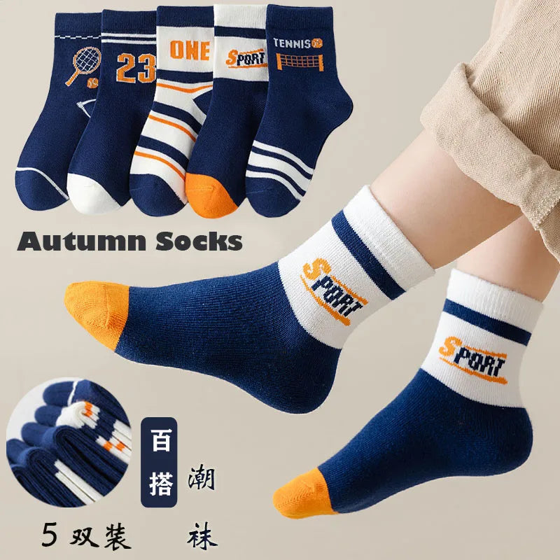 5 Pairs Children's Socks Spring Autumn Cotton Socks Kids Boys Sport Sock 1-14T Baby Cartoon Letter Pattern