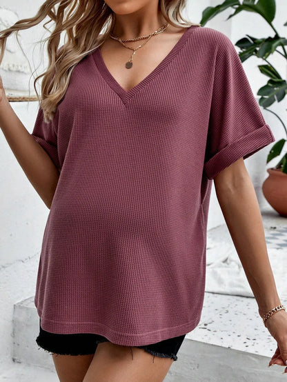 Pregnant women's waffle knit split hem bat sleeve T-shirt casual bottom short sleeved top