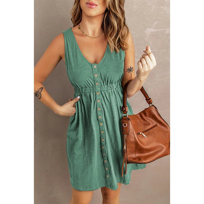 Womens Summer Sleeveless Dress Button Down Elastic Waist Swing Loose Plain Short Dresses Casual Tank Tops Dresses Plus Size