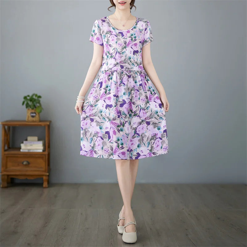 THHONE Summer Dress for Women Floral Casual Print Loose Vintage Draw String Robe Elegant Mini New in Dresses Vestido Feminino